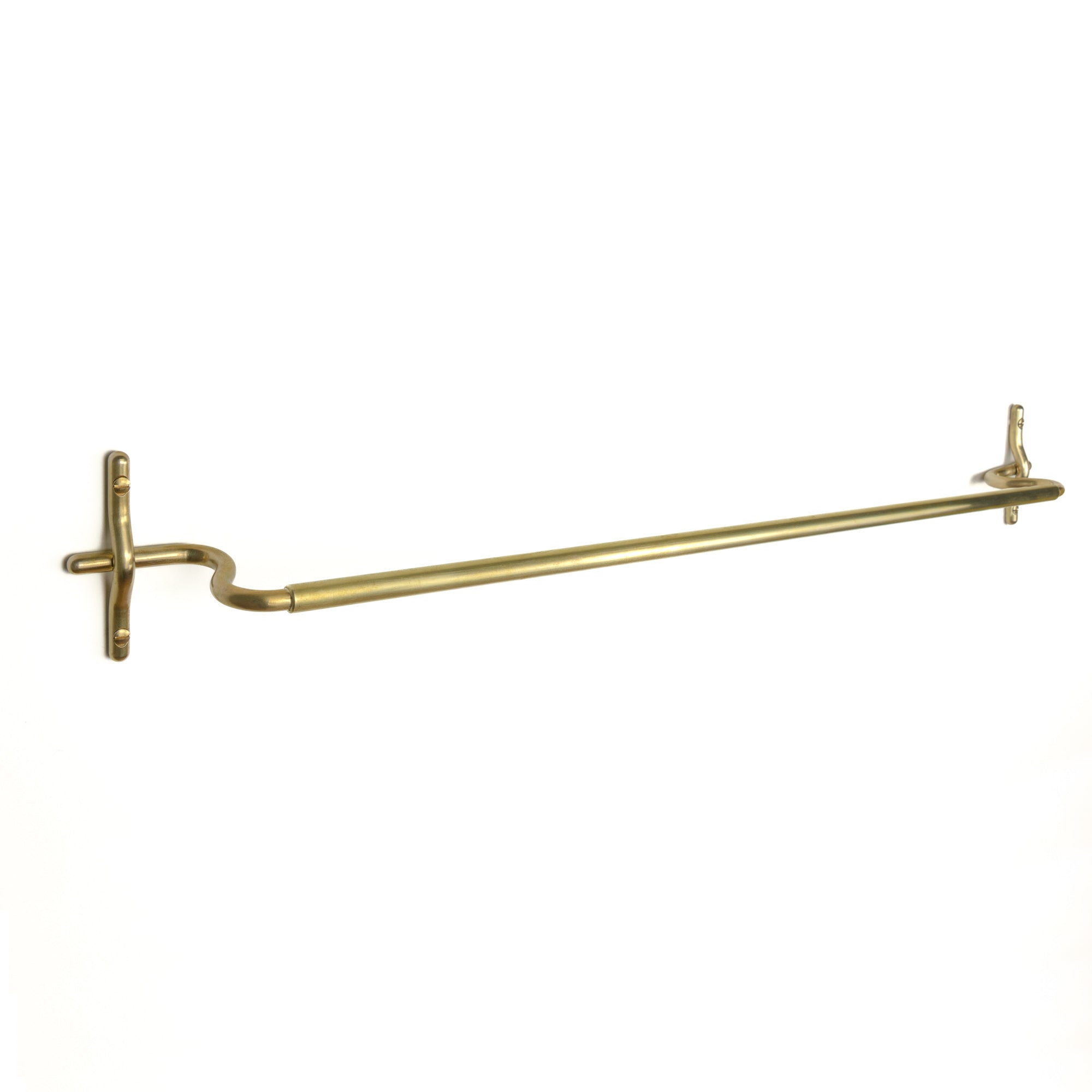 Hand-finished unlacquered brass bath towel bar, made in Vancouver