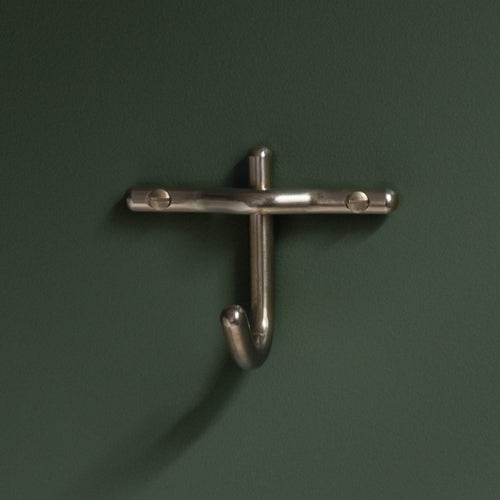 Hand-finished unlacquered brass robe hook, made in Vancouver