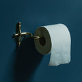 Hand-finished unlacquered brass toilet roll holder, made in Vancouver